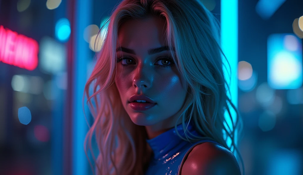 ((best quality)), ((​masterpiece)), (detailed), ((background Cyber)), wet look, ((blond long Hair)), ((Intricate detailing, in the night time, Contre-Jour, random neon color, View from afar, random pose, blue latex bodysuit, face focus, hell picture, light face, big boobs)), (face brightly lit), ((full body view)), (zoom out)