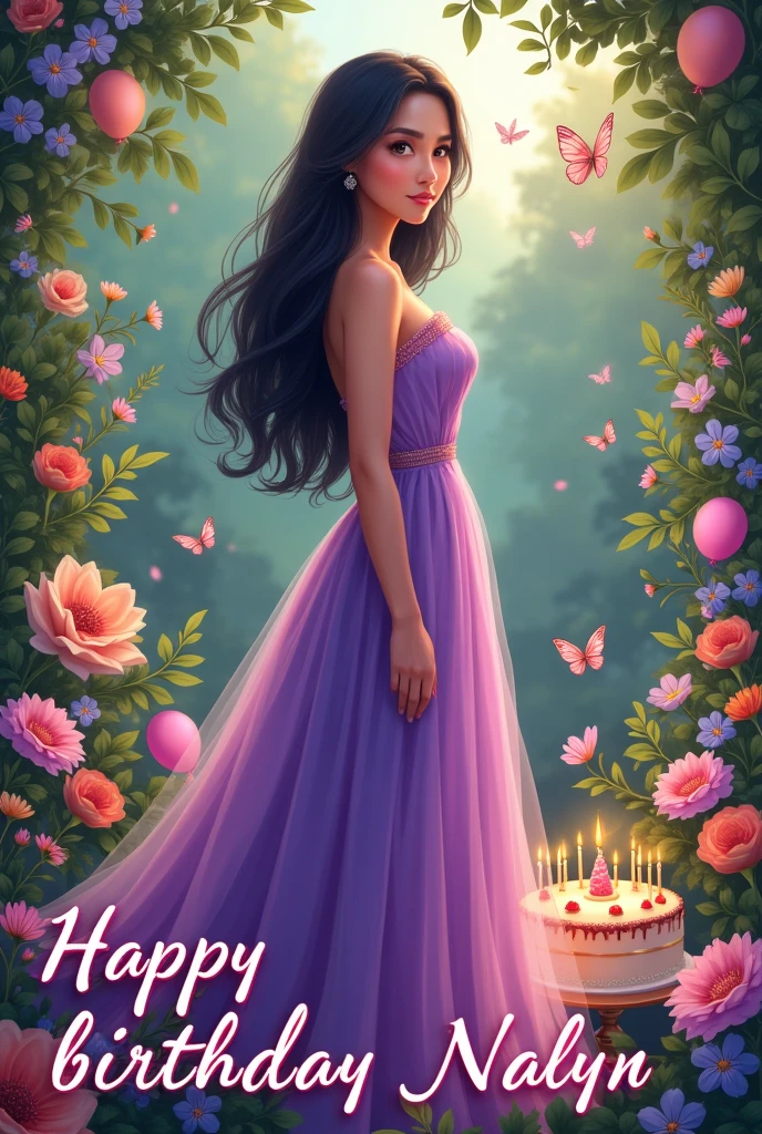 Real one pinay  with long dress purple pink background flowers butterflies with name back"happy 18th birthday nalyn" with cake baloons 