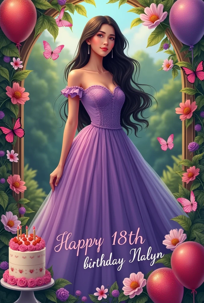 Real one pinay  with long dress purple pink background flowers butterflies with name back"happy 18th birthday nalyn" with cake baloons 