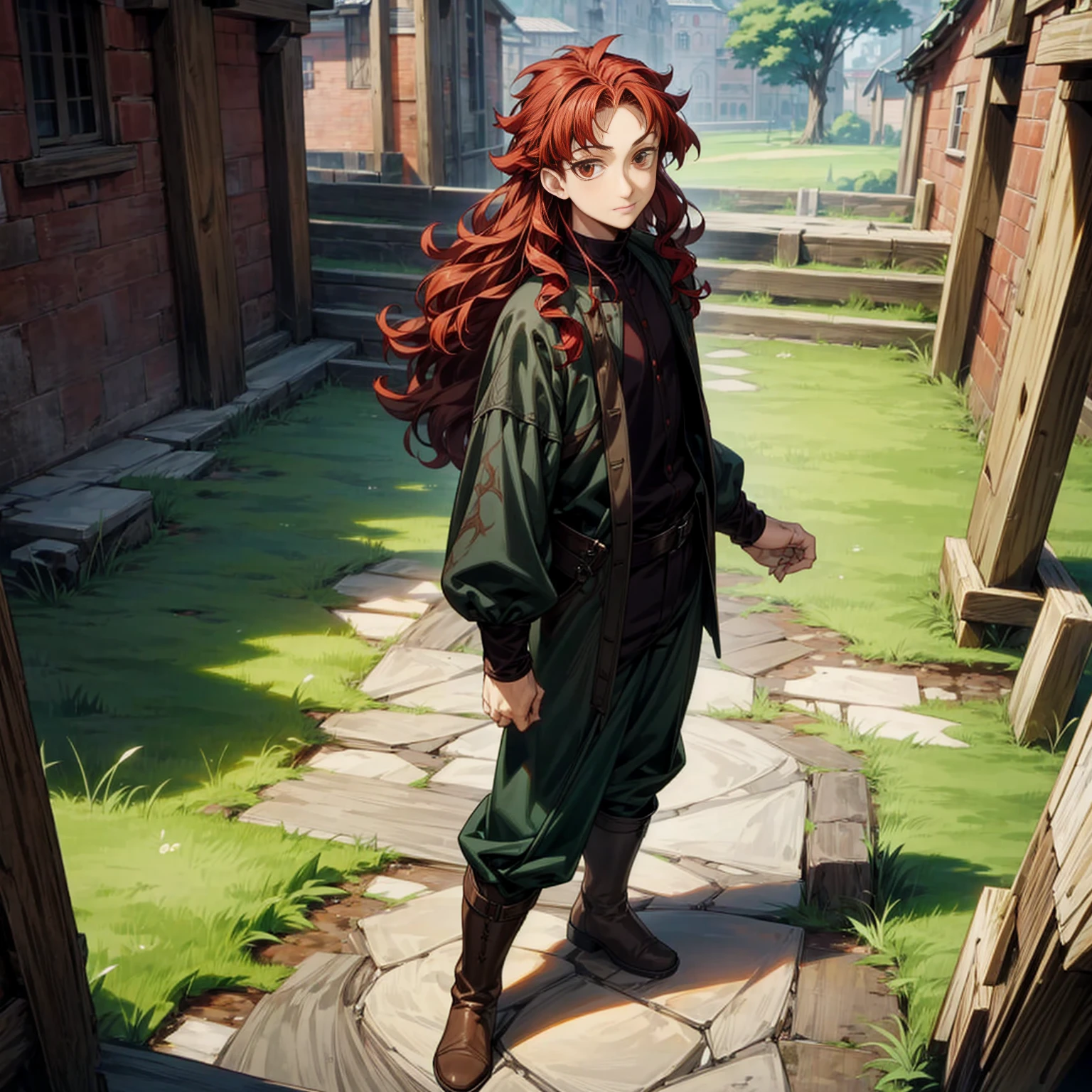 Solo character, full body version, young man, tall height, brown eyes, red color hair, long curly hair, casual clothing, black color clothing, boots, outdoor, village, medieval, morning, detailed background, detailed clothing, detailed hair, happy, (Hunter x Hunter style art), standing gesture 