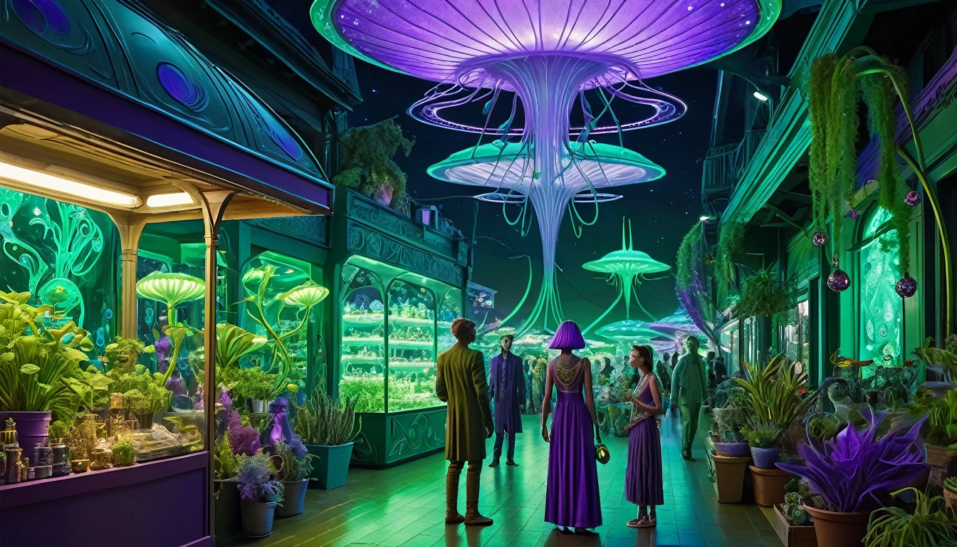 modernist style, An extraterrestrial bazaar at night, illuminated by bioluminescent plants and floating lights, featuring goods from around the galaxy. A tall, green male alien is showcasing intricate jewelry to a curious purple-skinned female, while other aliens converse and shop in the background., sophisticated muted-green color scheme, dramatic dutch light, art nouveau, soft colors