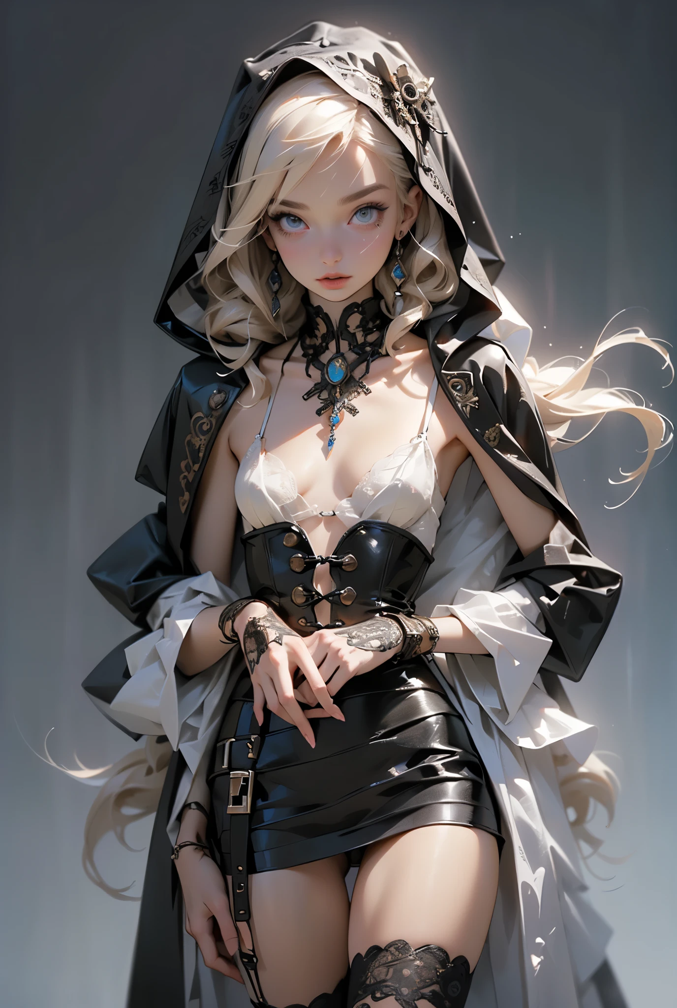 (((masterpiece, of the highest quality, super detailed))), (a witch belonging to an occult order of knights), (a knight crossed with a witch), Victorian era inspired, ((minimal but intricate beautiful armour)), Fluttering lace flared dress with frilly petticoats, ((nier automata meets bloodbourne)), ((((Highly detailed face))), (((Very sharp focused eyes))), very long eyelashes, small breasts, (((flat chest:1.1))), occult aesthetic, (red and white clothing detailed and intricate steampunk and detailed gothic), (with a hood), complex lace boots,