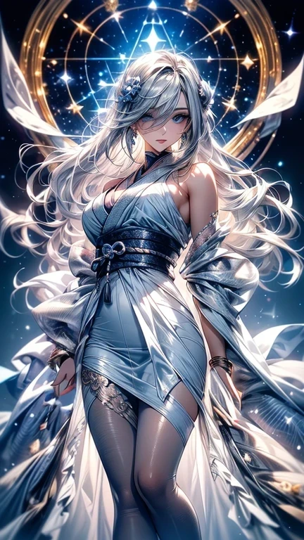 (Very delicate), (clear focus), (high resolution), Deformed depth of field background blurred, detailed background, Perfect layer cutting, sense of distance, (full body shot/cowboy shooting/rear view/Floor plan/Floor plan), wallpaper, (((Silver hair gradient stripes bright blue tips))), cute beauty, (focus on face), Highly detailed facial texture, ((clear blue eyes)), thin eyebrows, Long upper eyelashes, double eyelid, upper eye, High performance eyes, (very detailed eyes), Sexy and attractive lips, Lips with rich detail, White skin, sensitive skin, Micro light, complicated, familiar, black magician, particle, constellation, star dust, universe, ((flower)), Comfortable peace, peaceful, japan, Himiko, kimono, Including crystal, luck, time and space, artistic, 8k
