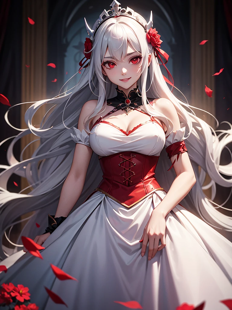 woman, red eyes, white long wavy hair, noble, like prince, sadistic smile, queen. her front hair is tied up. her. where dress like princess or queen. she sadistic and cruel women. like a strong Knight women. like fallen angel. she is the evil queen. wearing flowers on her head. her dress is stained with blood. she is vampire