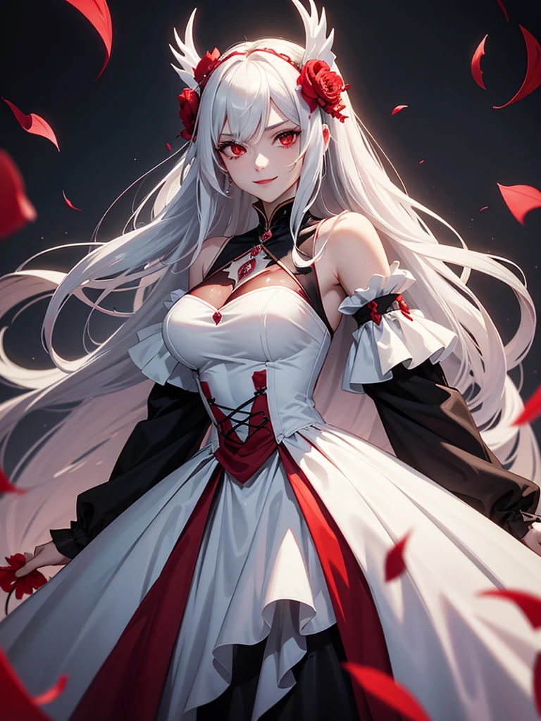 woman, red eyes, white long wavy hair, noble, like prince, sadistic smile, queen. her front hair is tied up. her. where dress like princess or queen. she sadistic and cruel women. like a strong Knight women. like fallen angel. she is the evil queen. wearing flowers on her head. her dress is stained with blood. she is vampire