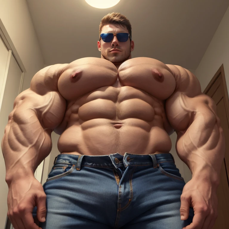 upshot pecs, a very handsome young man, sunglasses, shirtless wearing jeans, exaggeratedly huge body, exaggeratedly muscular, exaggeratedly huge muscles, exaggeratedly huge arms and biceps, in an apartment