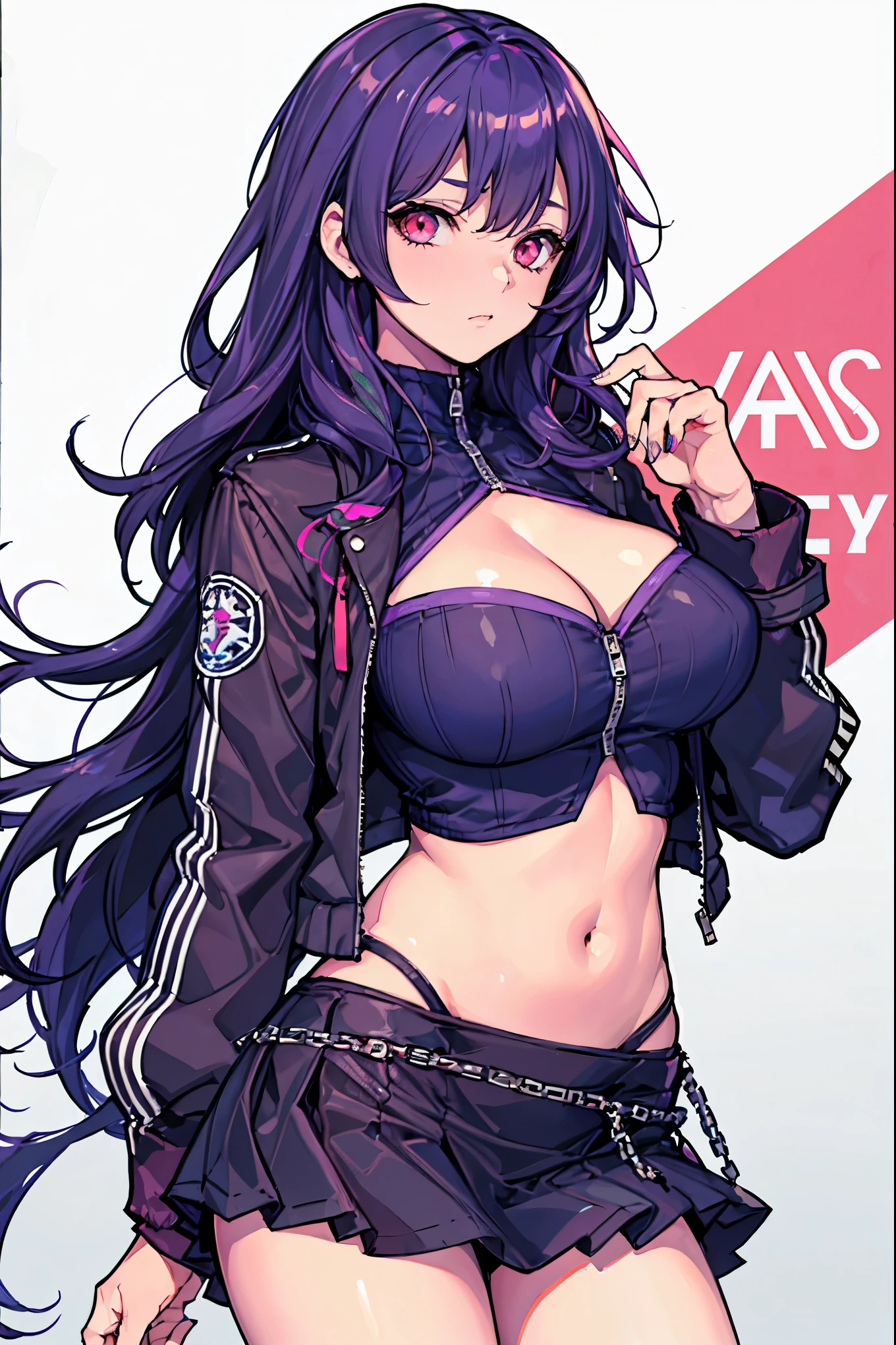 1girl, white background, red eyes, long hair, purple hair, bangs, jacket, crop top, mini skirt, large breasts, cleavage, soft stomach