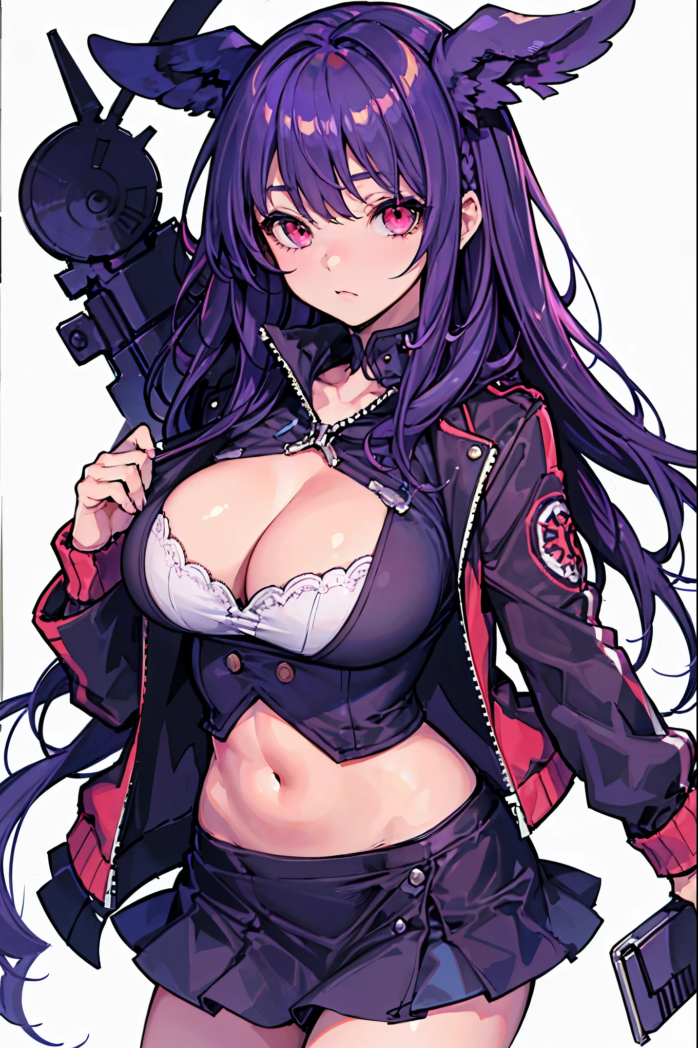 1girl, white background, red eyes, long hair, purple hair, bangs, jacket, crop top, mini skirt, large breasts, cleavage, soft stomach