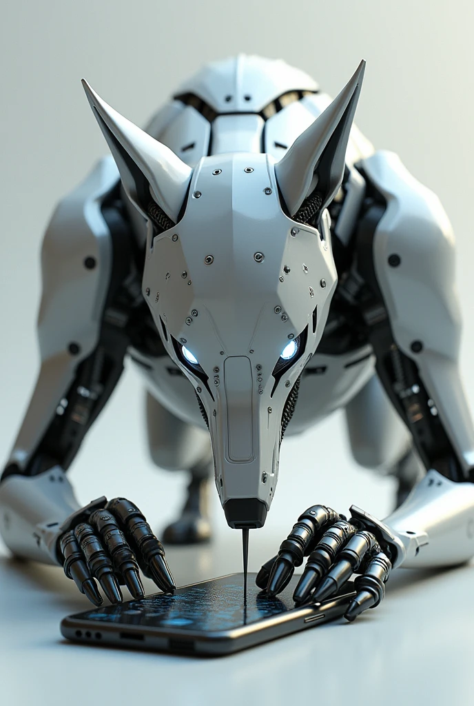 Robot wolf repairing a cell phone without background image