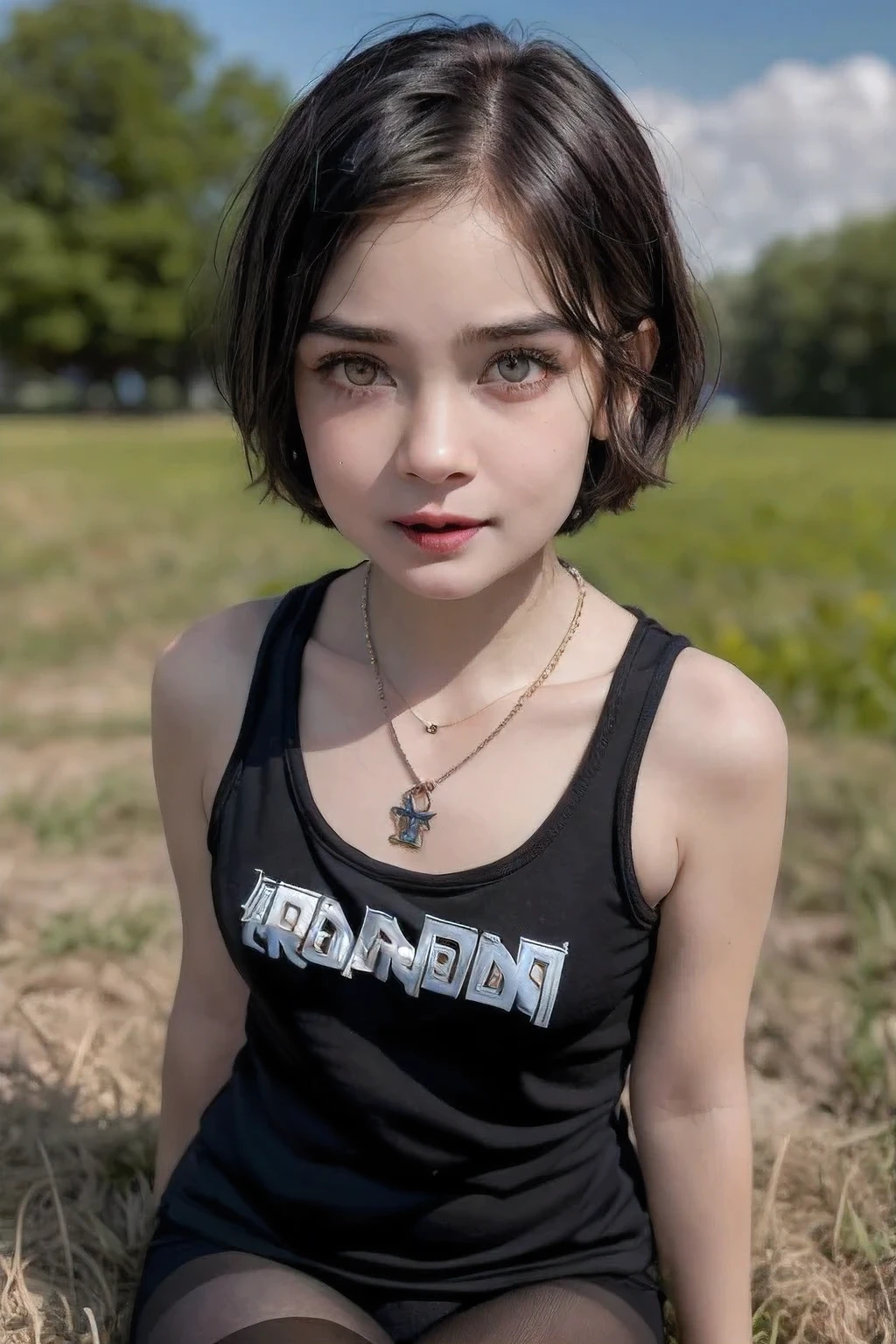 ((NECKLACE ANARCHY:1.2)), ((GOTHIC BLACK EYELASHES & LIPS)), ((BLACK LIPS)), ((shorthaircut:1.3)), adorable, 1 girl, (face to face), 10 years old, baby face, happy, half body portrait, (face details: 1), (eye details: 1), ((tiny breasts)). ((croptank "IRON MAIDEN" logo)), ((net stockings))