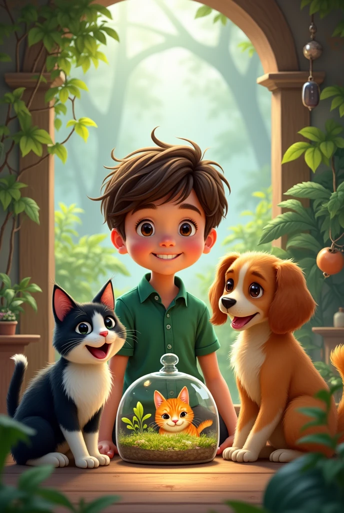 gato preto e branco, tortoise,Brunette boy, cheerfulness, forst, CARAMEL DOG, orange and white cat terrarium, green shirt