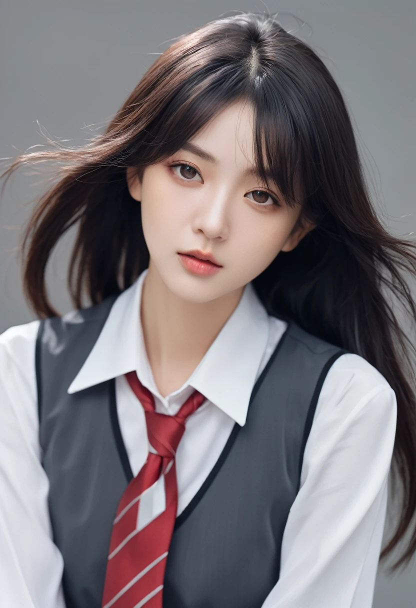 Mix Girl,Illustration of a girl using hair dye, Wear a school uniform, Zhang Jingna style, dark gray and light black, 8K resolution, Hirano Miho, Close-up intensity, Character comics, albert edelfeldt