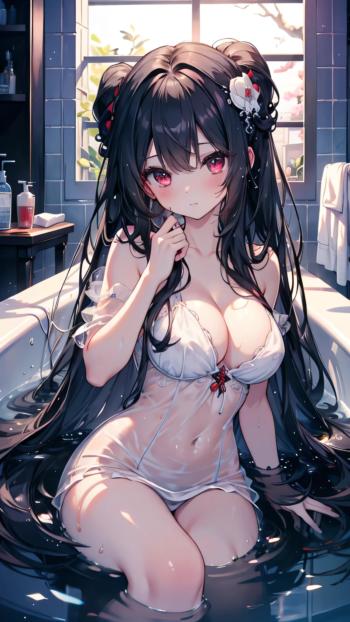 Highest quality、Masterpiece、Super detailed、8k、4K、1 girl、Black Hair、Garnet Eyes、Soft long hair、Bath time、Take a bath、Big 、Cleavage、naked、Bubble、night、Moonlight、Wet, red eyes, perfect anatomy
