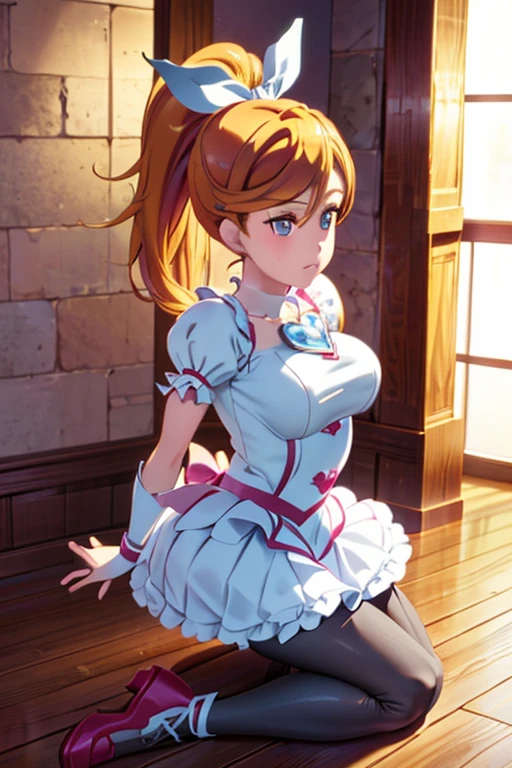 Cure Rhythm、Pretty Cure、Blonde、Long Hair、Large Breasts、(Inside the Jail)、One girl、((Tattered pantyhose))、(boots)、ponytail、(Being restrained)、Kneeling、(Black Pantyhose)