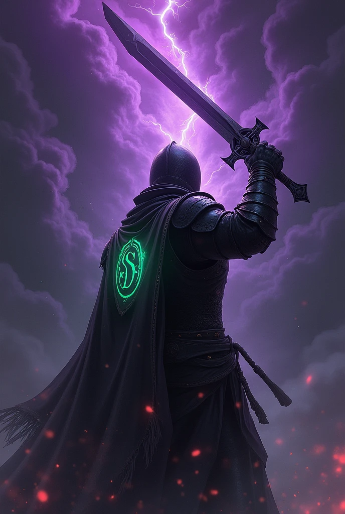Dark fantasy style illustration featuring a central figure dressed in black Apartan armor, raising a large sword of energy against a deep violet background. The figure's face is obscured by a shadowy helmet., which adds to the menacing and mysterious aura. The background is chaotic, with dark clouds swirling, which enhances the gloomy atmosphere. The overall color palette is dominated by deep purples., black and gray, which creates a sense of intense drama and apprehension. He has a banner on his back with the SIGMA sign on it that shines green.
