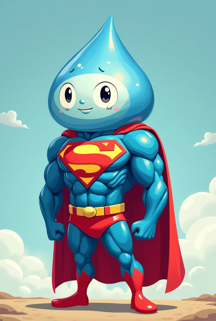 The head should be a drop of water with a superman suit and a muscular body,  Let it be Cartoon, let the drop have a face