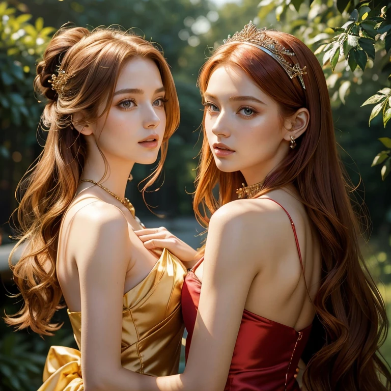 (masterpiece, best quality:1.5), highest quality, High resolution, super detailed, Realists, Full body photo of a red-haired woman, long open straight hair, detailed and beautiful eyes, beautiful detailed lips, very detailed eyes and face, longeyelashes, Woman in pink and gold short airy pleated dress made of shiny satin fabric, Beautiful and colorful makeup, elegant and noble々Pose, Satin headbands and jewelry, Gardens as background, soft daylight, bright colors, fine brushstrokes, Portrait style, Plain dress fabric, beautiful color palette, glowing skin, First-class rendering, that captures every detail, enchanting atmosphere, subtle shadows and lights, (perfect anatomy:1.2), (Two stunning women with open mouths, Surprised look.
