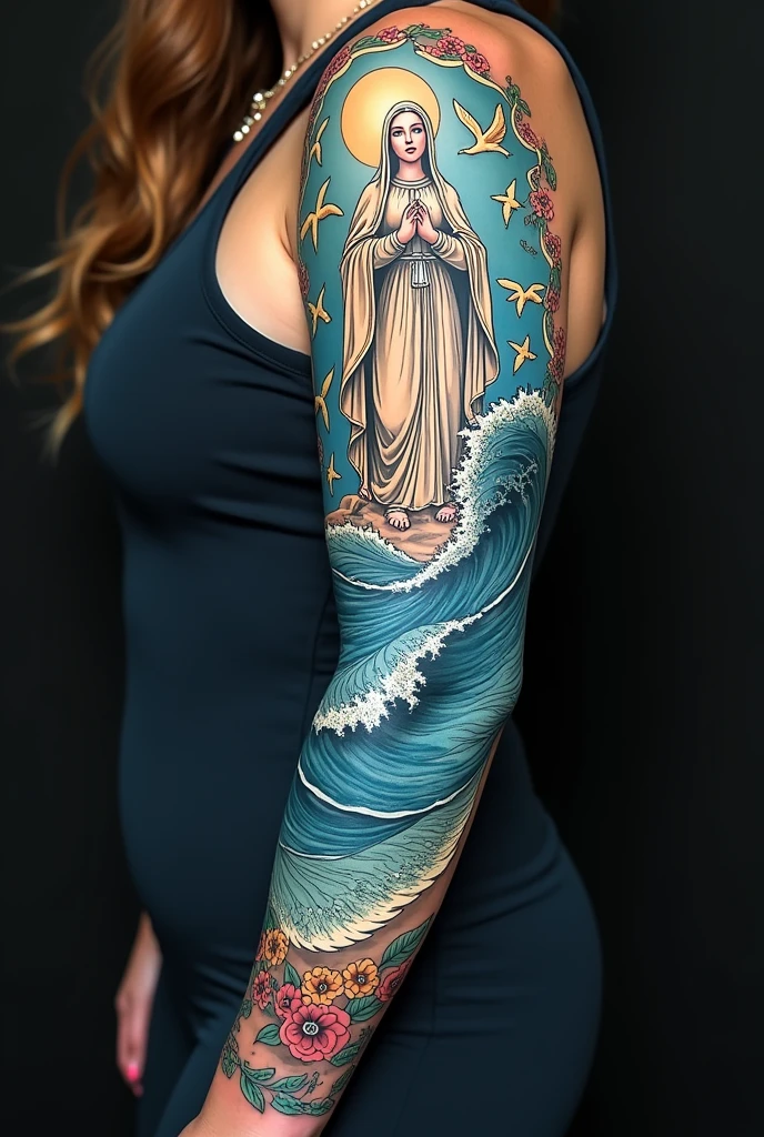 get a tattoo that covers your entire left arm involving the sea, moonligh, beach and the holy our lady of navigators