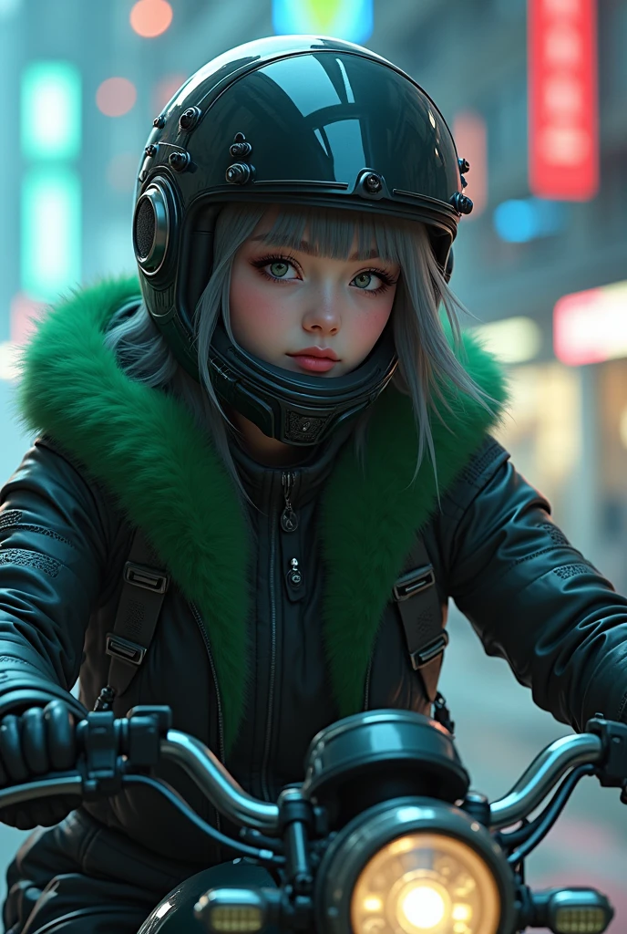 Highest image quality, outstanding details, ultra high resolution, (Realism: 1.4), best illustration, I prefer details, very tight 1 girl, with a gentle and beautiful face, dressed in black and green fur, in a mechanical helmet, holding a direction controller, riding a motorcycle, background - high-tech light scene of the city of the future.