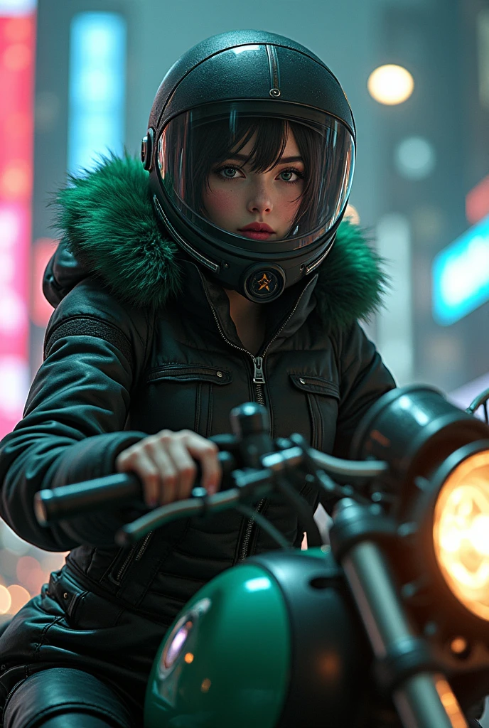 Highest image quality, outstanding details, ultra high resolution, (Realism: 1.4), best illustration, I prefer details, very tight 1 girl, with a gentle and beautiful face, dressed in black and green fur, in a mechanical helmet, holding a direction controller, riding a motorcycle, background - high-tech light scene of the city of the future.