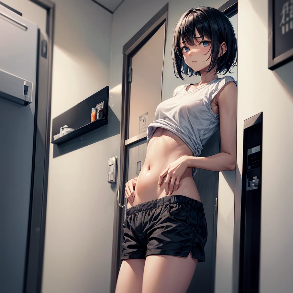 A singgle girl with black short hair, his arm was holding his own belly, with sick expression, suffer from stomach ache, almost puke, the stomach grugling sound, waiting infront of toilet door, good quality resolution without bug