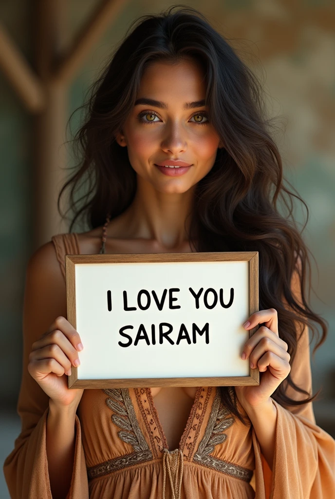 Beautiful girl with wavy long hair, bohemian dress, holding a white board with text "I LOVE YOU SAIRAM" and showing it to the viewer