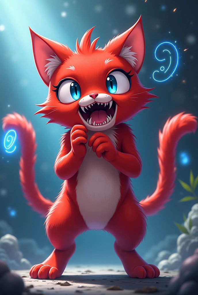 The red singing cat, please make it brighter, it's good, this time the right ear is slightly missing、Make it look like an anime character. Make it walk on two legs. Make it redder. And make the inside whiter. Make it look like a monster this time. Give it two tails and put a blue spirit on the end of the tail. Make it a darker red.