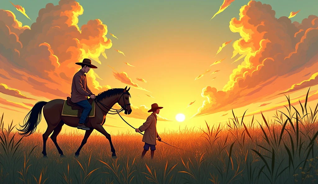 Create a dynamic and vivid comic book style illustration reminiscent of Hayao Miyazaki&#39;s distinctive style of the old Chinese farmer tending his crops. Your faithful horse is by your side, with friendly expressions, while the clouds of a golden sky at dusk reflect the honor and respect he holds in the community.