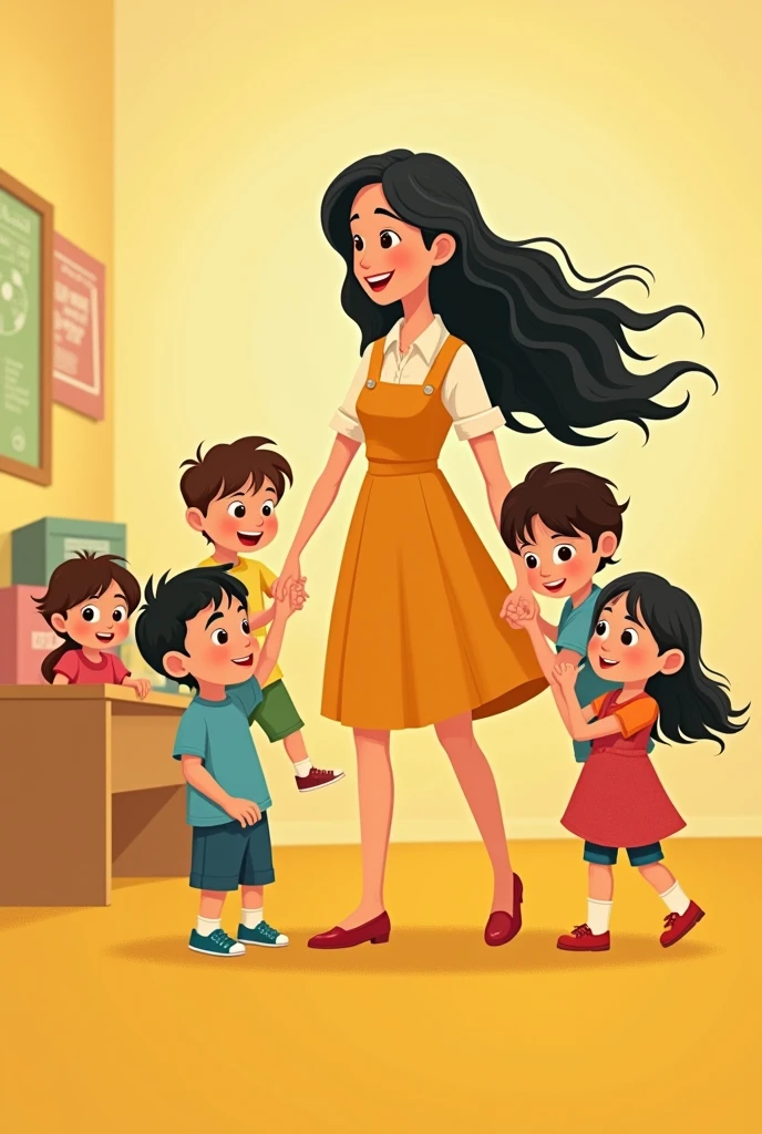 Image of children playing at school, next to a white teacher, with long, wavy black hair, wearing a yellow dress. The background of the image is light yellow. disney pixar style