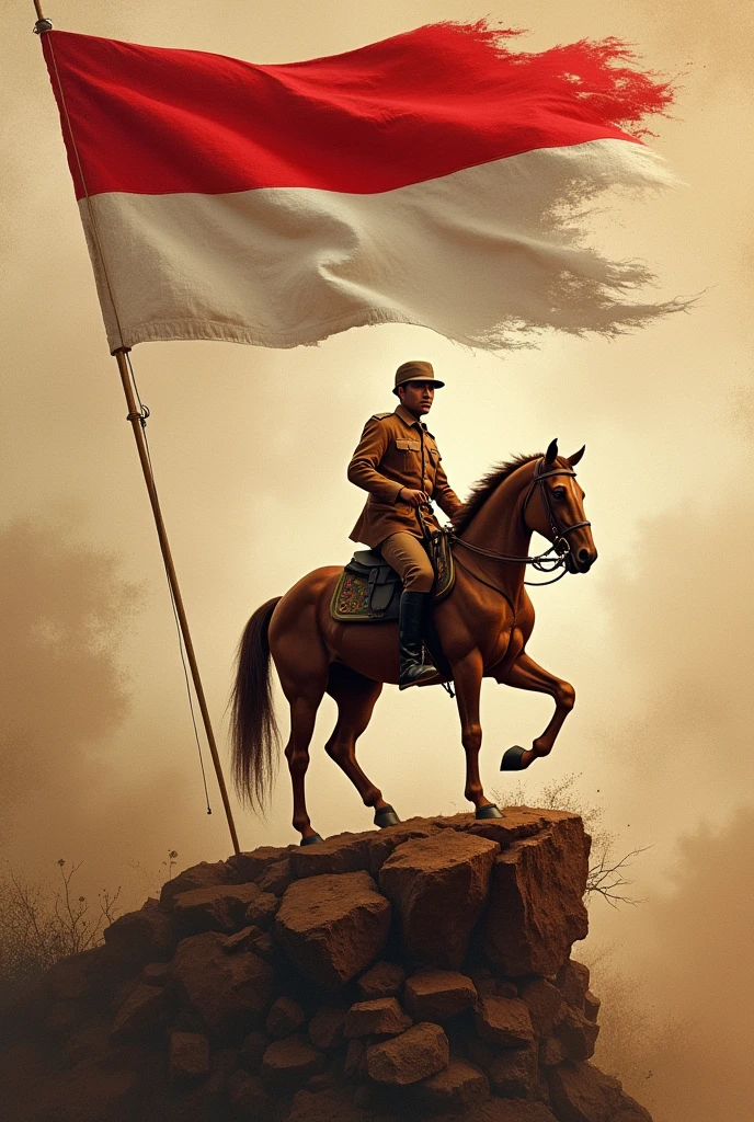 gambar poster HUT republik indonesia ke 79 warna Kecoklatan. There is a red and white picture, there is a picture of a hero