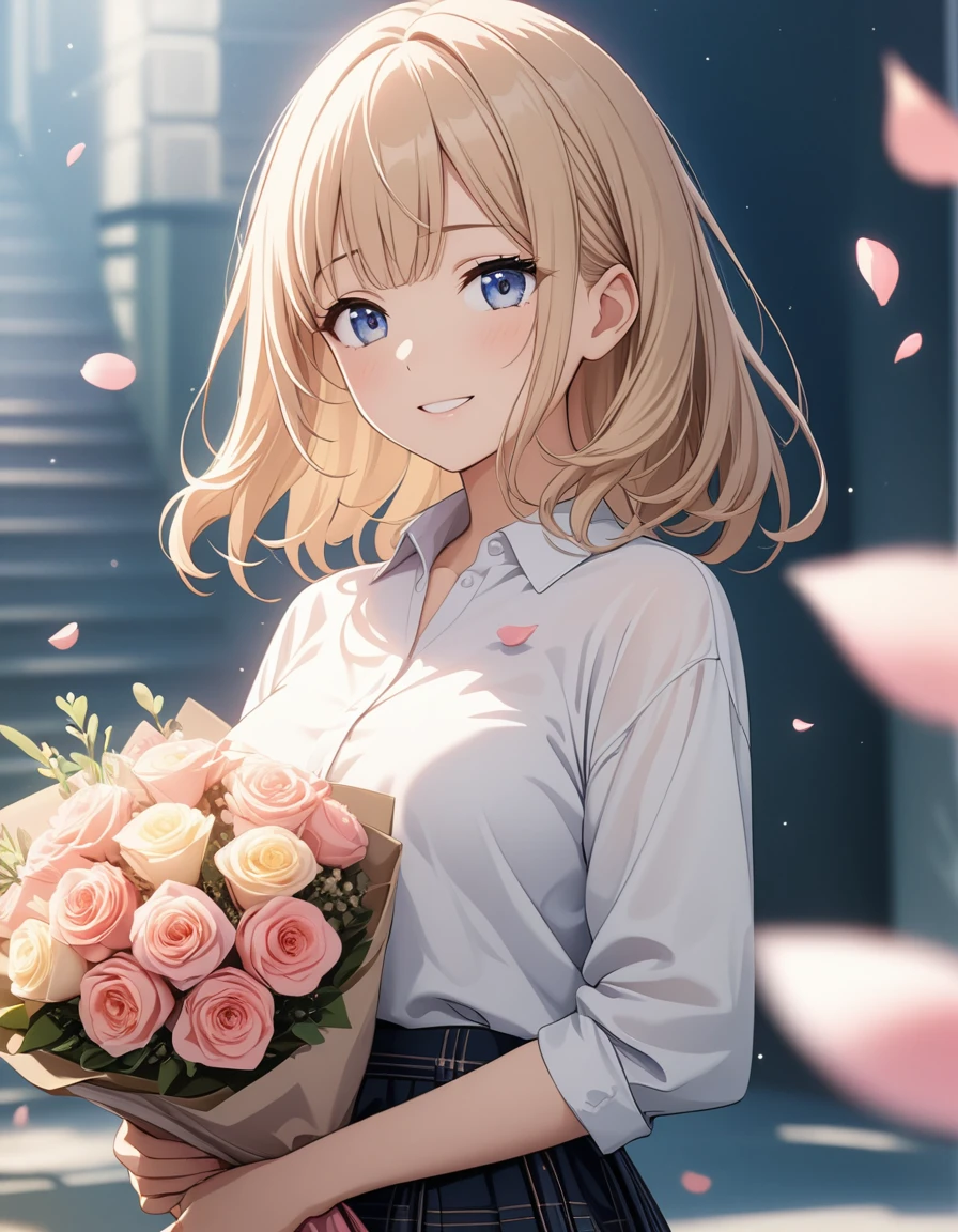Intermediate View, Medium Shot, Shallow depth of field, pink々shattered into, Upper Body, angle, masterpiece, Highest quality, Very detailed, CG, 8k wallpaper, Pretty face, Beautiful Eyes, girl, Lonely, smile, bangs, shirt, skirt, petal, bouquet