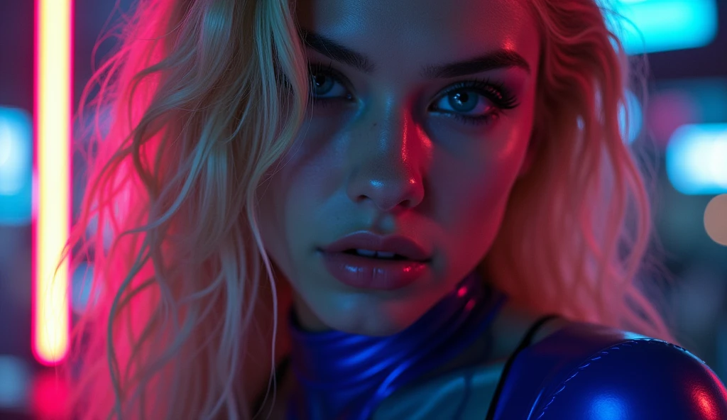 ((best quality)), ((​masterpiece)), (detailed), ((background Cyber)), wet look, ((blond long Hair)), ((Intricate detailing, in the night time, Contre-Jour, random neon color, View from afar, random pose, blue latex bodysuit, face focus, hell picture, light face, big boobs)), (face brightly lit), ((full body view)), (zoom out)