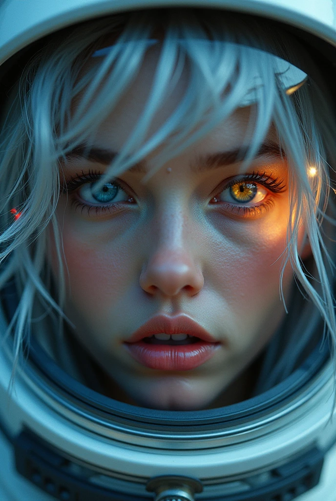 (Close-up of a better masterpiece:1.5)0.9], (Space and astronauts:1.2) (Messy silver hair:1.1) (Heterochromia xanthochromia and blue eyes:1.2) (Space Helmet:1.0) (Colored stars in the eyes:1.0) (A radiant glow:1.1) (thick lips:0.9)