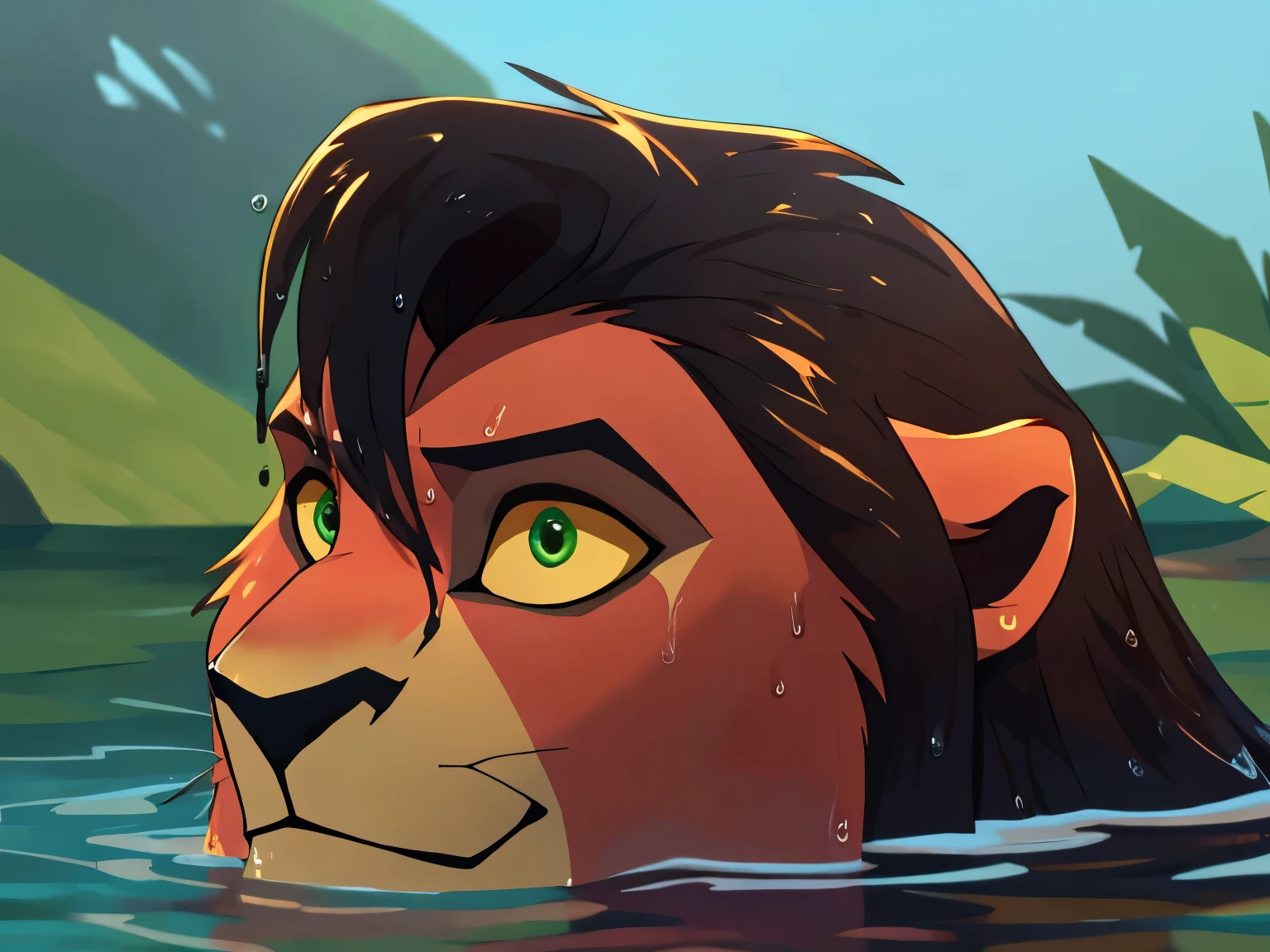 kovu, masterpiece, hi res, yellow sclera, green eyes, soaked, wet hair, slicked back hair, relaxed, lagoon background, head peeking out of the water, headshot, close-up