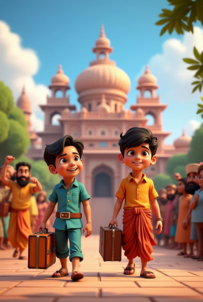 In cinematics 3D cartoon style "The sons arriving at the haveli, carrying their luggage, and being greeted by the villagers. The haveli stands tall in the background, now looking slightly more lively with the sons' arrival"