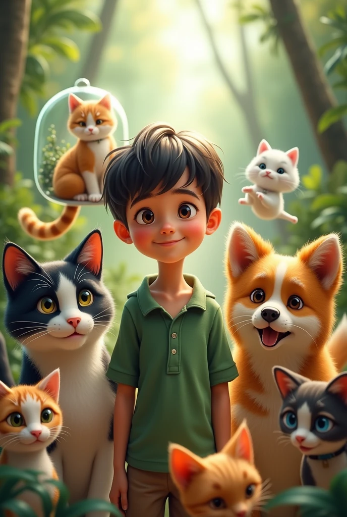 gato preto e branco, tortoise,Brunette boy, cheerfulness, forst, CARAMEL DOG, orange and white cat terrarium, green shirt black hair.