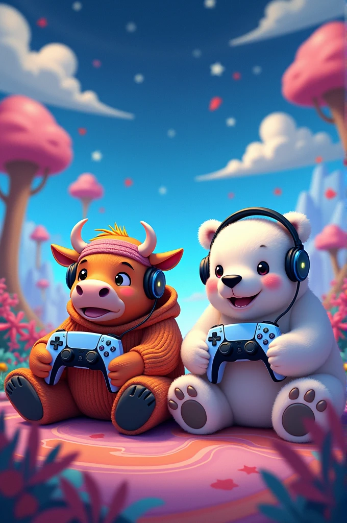 Photo for a YouTube channel cover, a cow and a polar bear playing video games, both with a PS5 controller in their hands and both with a headset on their heads, with a Disney cartoon theme.