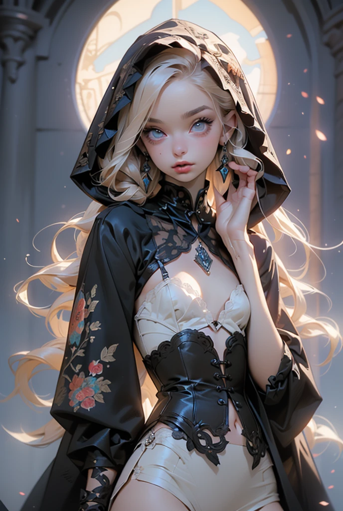 (((masterpiece, of the highest quality, super detailed))), (a witch belonging to an occult order of knights), (a knight crossed with a witch), Victorian era inspired, ((minimal but intricate beautiful armour)), Fluttering lace flared dress with frilly petticoats, ((nier automata meets bloodbourne)), ((((Highly detailed face))), (((Very sharp focused eyes))), very long eyelashes, small breasts, (((flat chest:1.1))), occult aesthetic, (red and white clothing detailed and intricate steampunk and detailed gothic), (with a hood), complex lace boots,