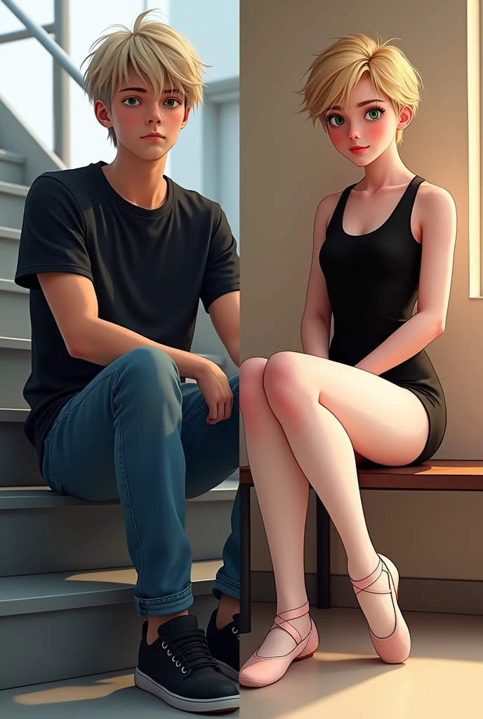 Create a split image of a 17 year old boy with an androgynous face and body with short blond hair on one side wearing a black t-shirt, blue jeans and black sneakers sitting on a staircase on the other side recreate the same 17 year old boy wearing a black ballet leotard, white tights and pink ballet flats sitting on a locker room bench