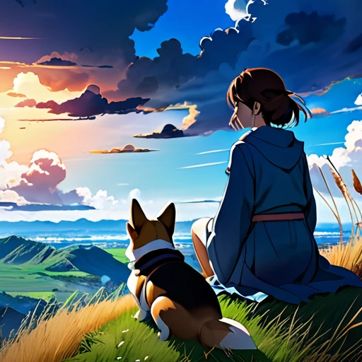 anime landscape of a girl＆cute corgidog sitting on a hill with grasses with dark blue clouds, blue cere sky with few clouds, anime nature wallpapers, beautiful anime scene, beautiful anime peace scene, Makoto Shinkai Cyril Rolando, beautiful scene of anime, amazing wallpaper, anime art wallpaper 8k, anime background, art anime background, anime 4k wallpaper, anime art 4k wallpaper, anime art 4k wallpaper,  prayer of requiem  prayer of requiem