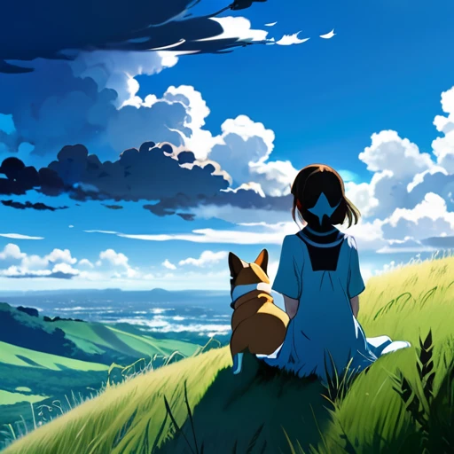 anime landscape of a girl＆cute corgidog sitting on a hill with grasses with dark blue clouds, blue cere sky with few clouds, anime nature wallpapers, beautiful anime scene, beautiful anime peace scene, Makoto Shinkai Cyril Rolando, beautiful scene of anime, amazing wallpaper, anime art wallpaper 8k, anime background, art anime background, anime 4k wallpaper, anime art 4k wallpaper, anime art 4k wallpaper,  prayer of requiem  prayer of requiem