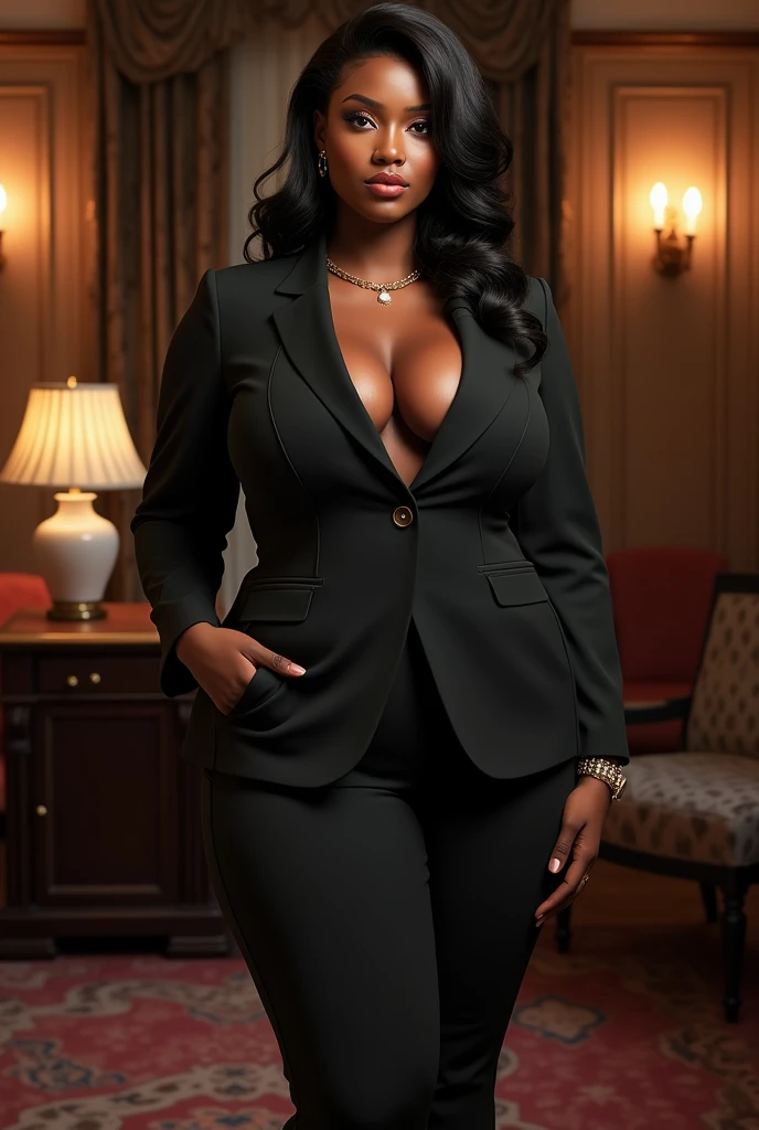 Create a high-resolution realist 3d image of a dark skin toned melanin elegant woman with a findom dominant and commanding persona and Prescence wearing luxurious attire, such as a tailored suits or designer dress, lingerie and posed in a confident stance. full body tall and plus size curvey body 5'9 265 lbs This mage should exude power, control, and sophistication, with a hint of mystery. the back ground is lavish hight rise office or a luxurious richly decotated tool reflecting wealth and power nsfw