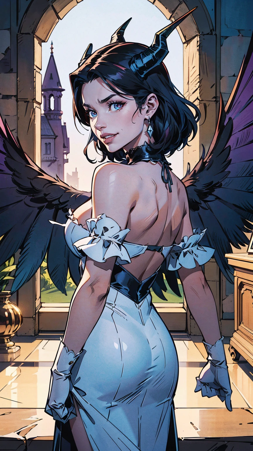 8k hi-Definition hyper realistic: high-res, hyper realistic, al1, black demon horns with purple strips, round face with oversized eyes that have slit pupils (royal purple), white gloves, all white dress with a high slit , bare shoulders, detached gem-ed collar, big cleavage, black feathered wings with royal blue spotted feathers , low wings mid back, , cowboy shot, standing, smile, dungeon, evil smile, (dimly lit) (wide angle) (low light) castle 🏰 hall