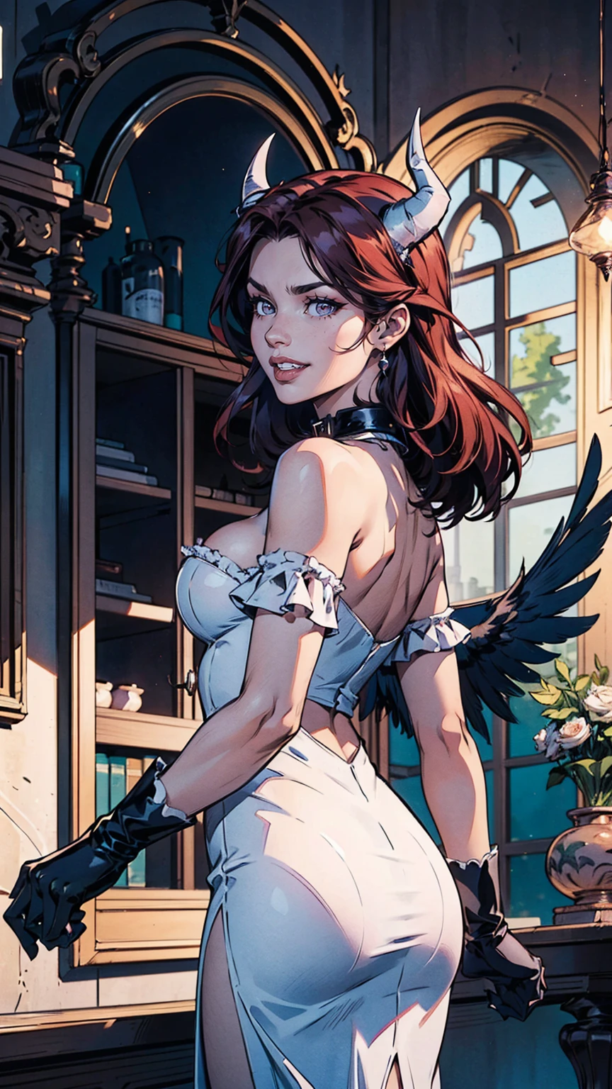 1girl, seifuku clothes, fairy tale theme, large breasts, cleavage, standing, cowboy shot, short black hair, brown eyes, more creative