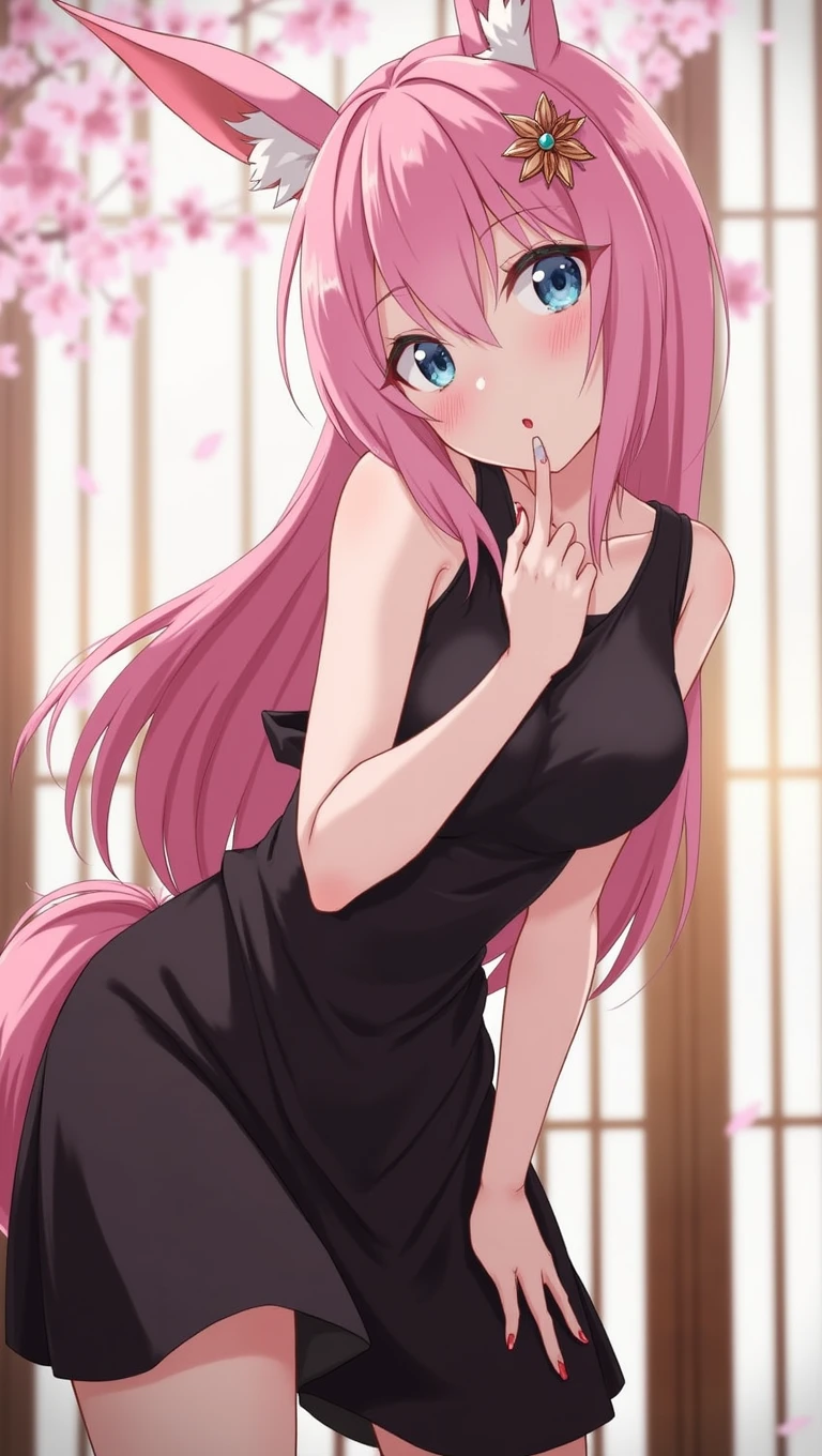 (masterpiece), (best quality:1.3), (highres), 1girl, solo, pink hair, hair ornament, Animal ears, jewelry Earring, blue eyes, black dress, standing upper body, indoor, simpel blackground,