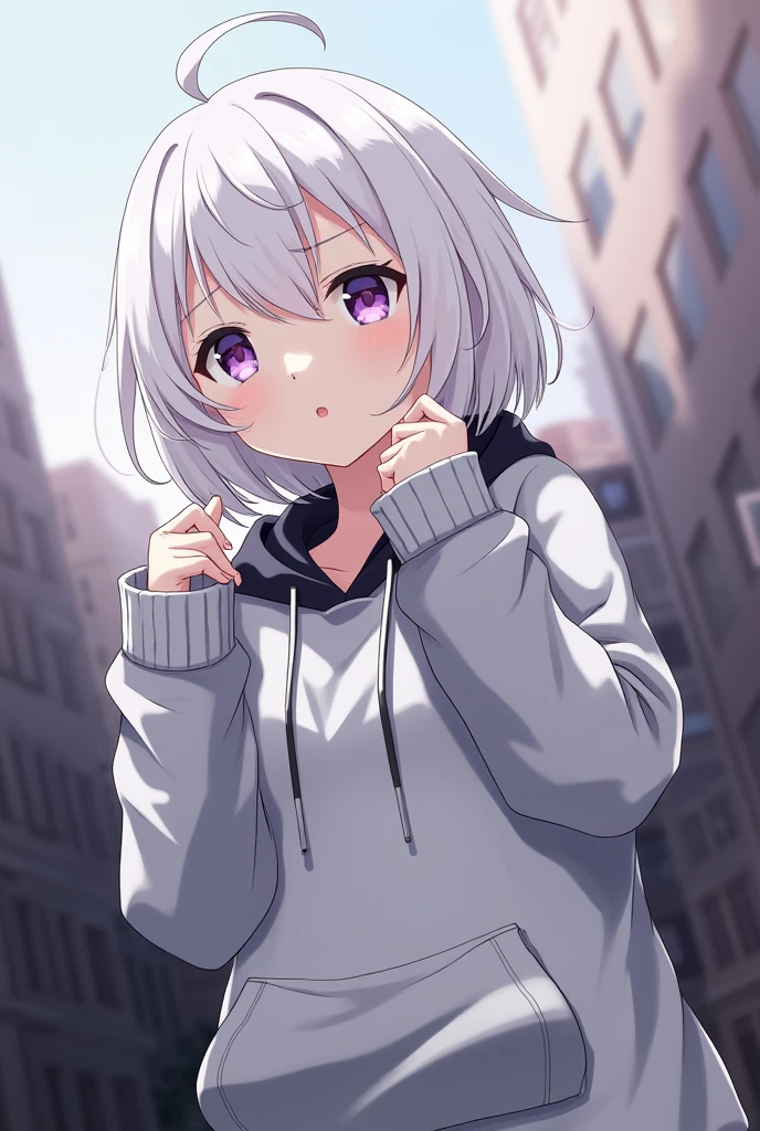 anime girl, white short hair, purple eyes, hoodie, pc, streamer, vtuber, street style