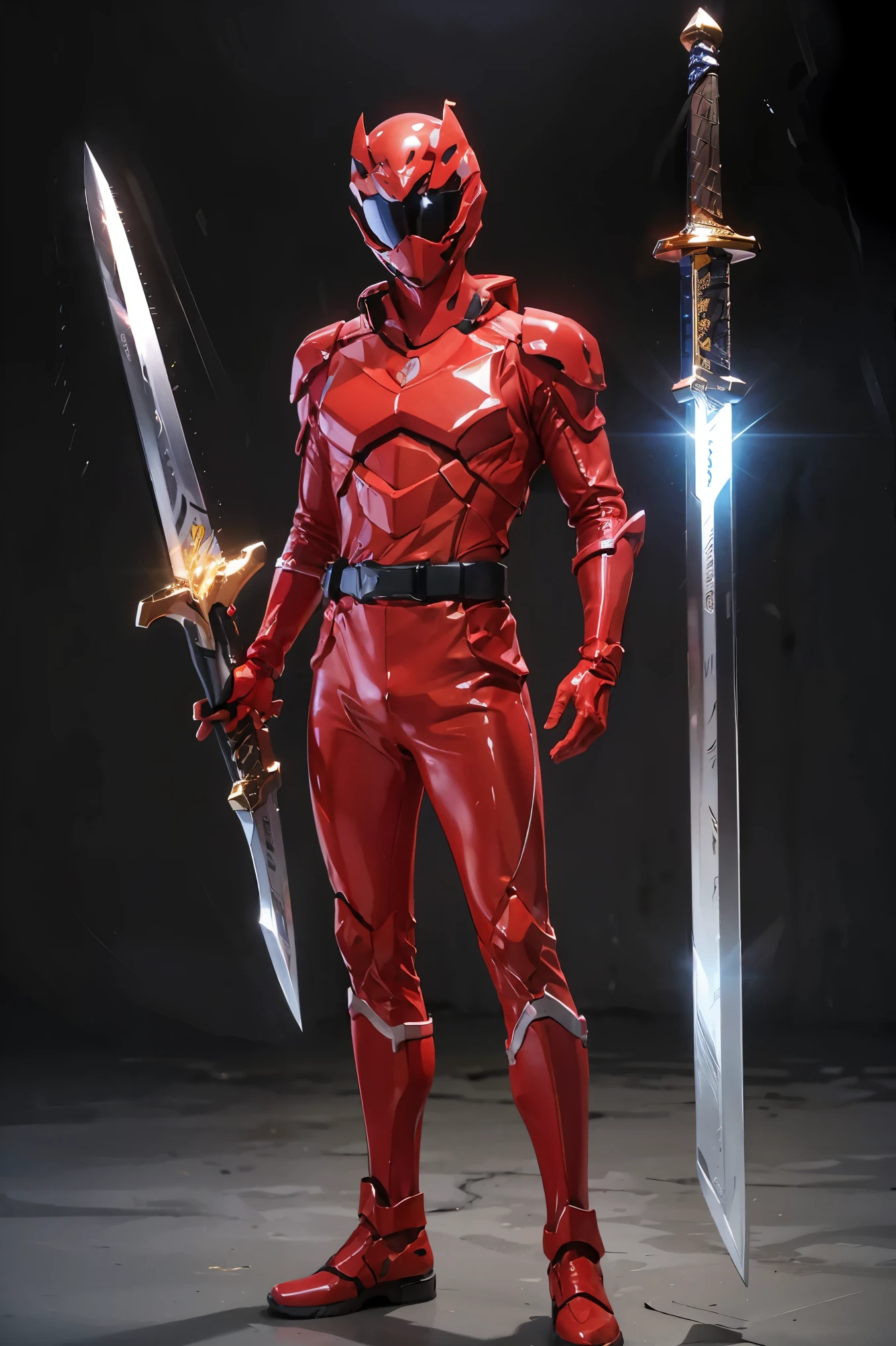 1boy, white, full body, Illustration, cinematic light, high resolution, best quality, ultra-detailed, masterpiece, power suit, powerranger, suit, spd, (golden ranger suit), gold detail, (((perfect golden sword with aura))),