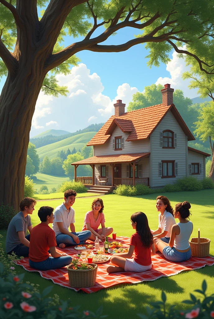 A house where some people are having a picnic