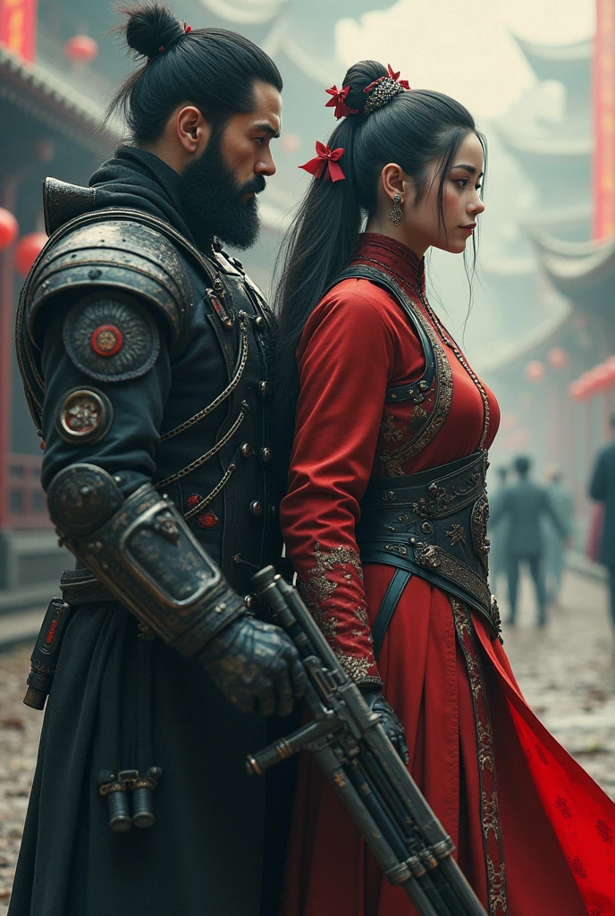 oriental detailed background, science fiction, mechanical arms, girl with man, war, monster army, techwear, military uniform, (best quality, 4k, 8k, highres, masterpiece:1.2), ultra-detailed, (realistic, photorealistic, photo-realistic:1.37), HDR, UHD, studio lighting, ultra-fine painting, sharp focus, physically-based rendering, extreme detail description, professional, vivid colors, bokeh