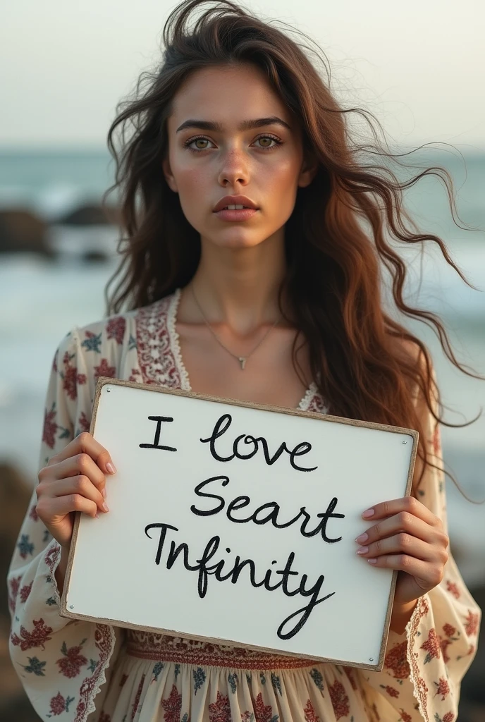 Beautiful girl with wavy long hair, bohemian dress, holding a white board with text "I Love Seaart Infinity" and showing it to the viewer